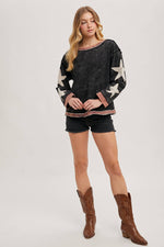 Star Sleeve Mineral Wash Pullover - Ladies