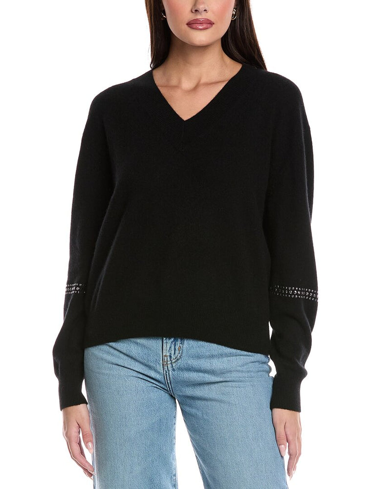 Sage Studded Cashmere V-Neck Sweater