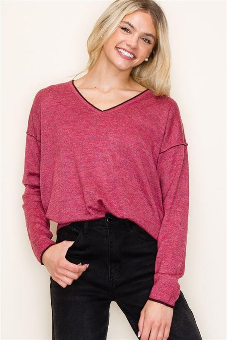 V-Neck Contrast Pullover Sweater - Ladies