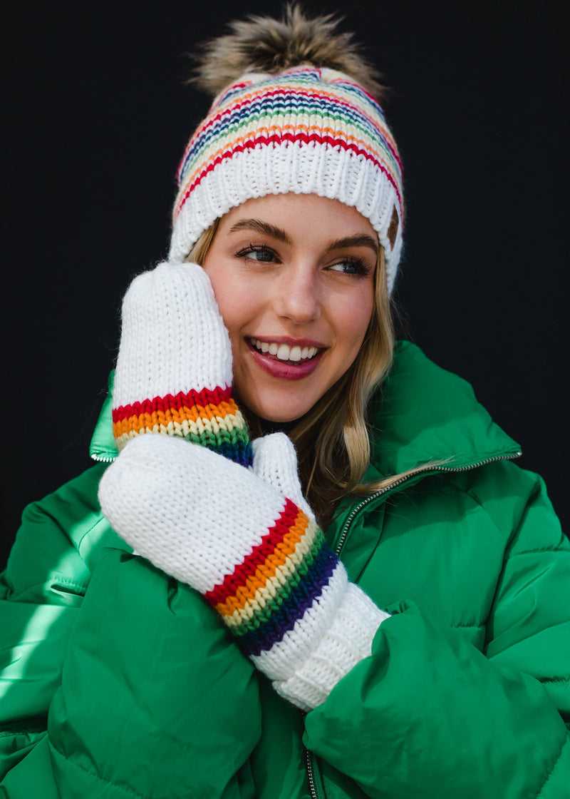 White & Rainbow Striped Pom Hat