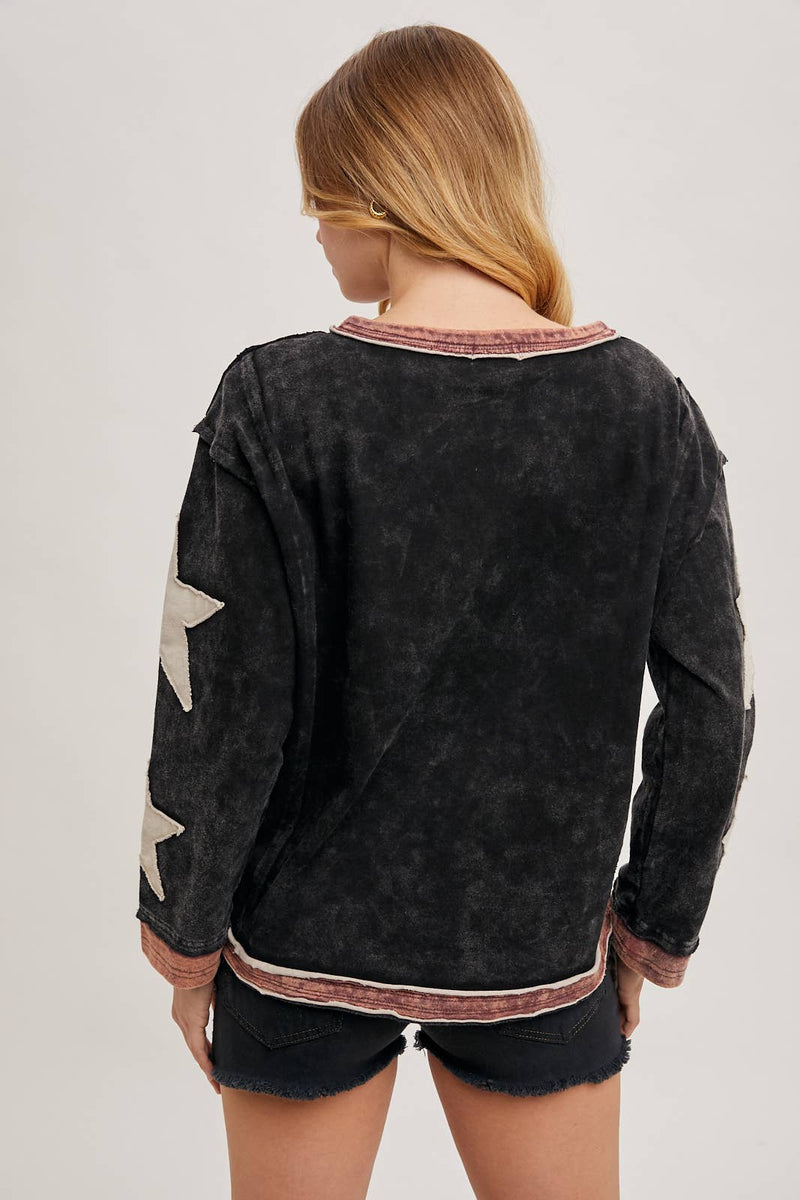 Star Sleeve Mineral Wash Pullover - Ladies