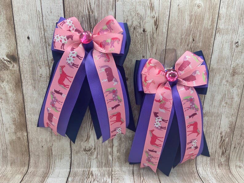 Benny Bows Show Bows - Pink Horse Blankets on Purple and Navy