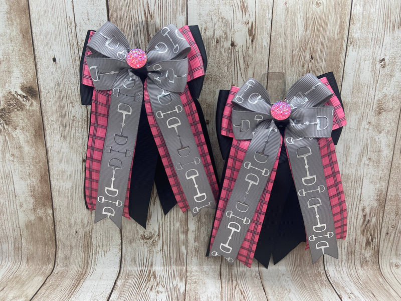 Benny Bows Show Bows - Grey Bits on Pink Plaid and Black