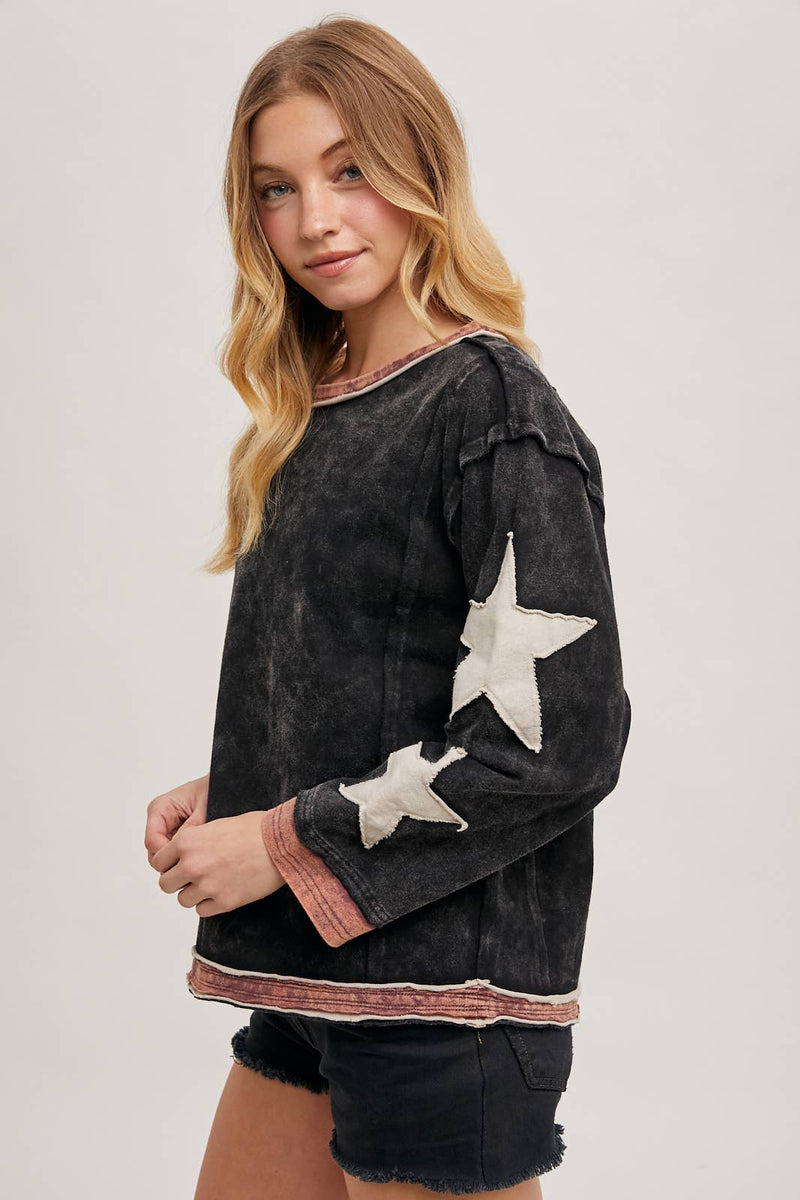 Star Sleeve Mineral Wash Pullover - Ladies