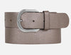 Platinum metallic leather belt with silver buckle on a white background