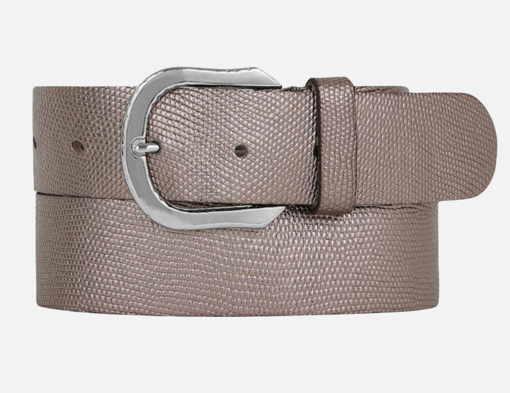Platinum metallic leather belt with silver buckle on a white background