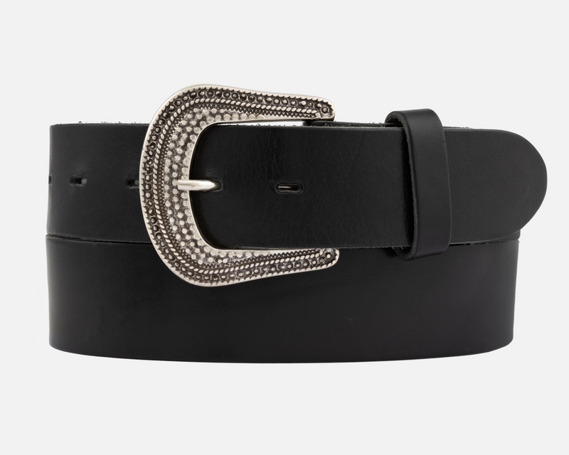 Black belt with a decorative buckle on a white background