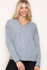 V-Neck Contrast Pullover Sweater - Ladies