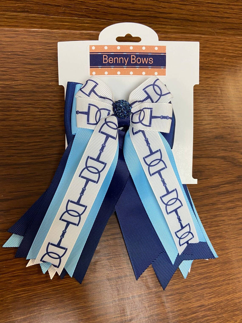 Benny Bows Show Bows - White with Navy Bits on Light Blue & Navy