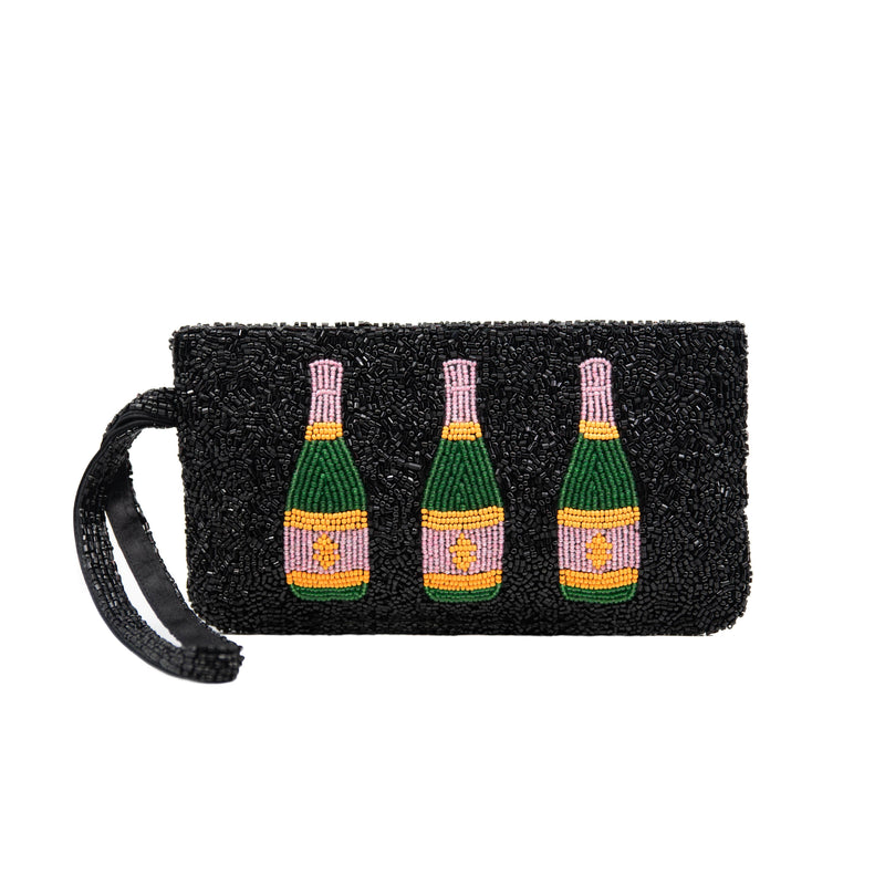 Champagne Bottles Black Hand Beaded Wristlet