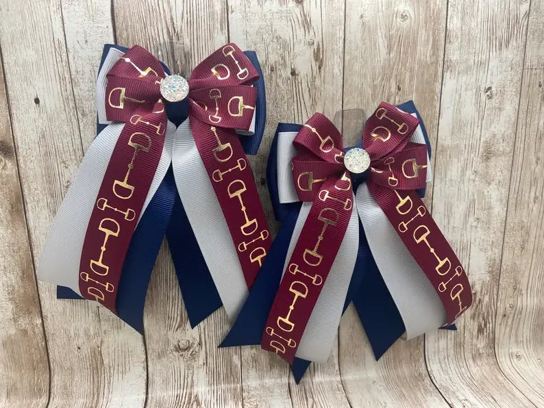 Benny Bows Show Bows - Maroon Bits on Silver and Navy