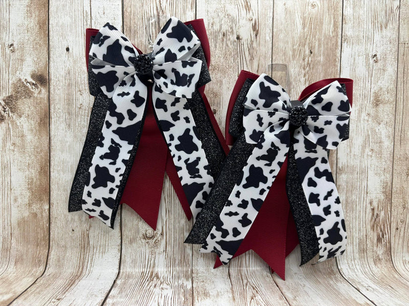 Benny Bows Show Bows - Cow Print with Black Sparkle and Maroon