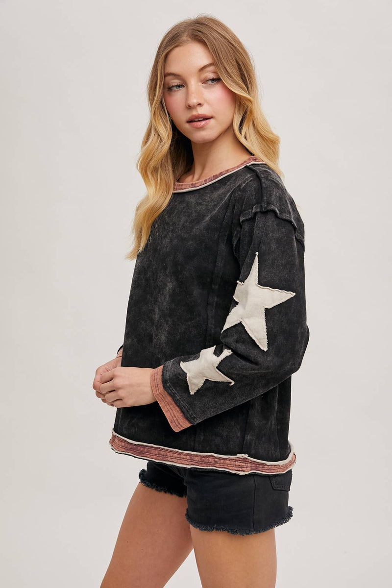 Star Sleeve Mineral Wash Pullover - Ladies