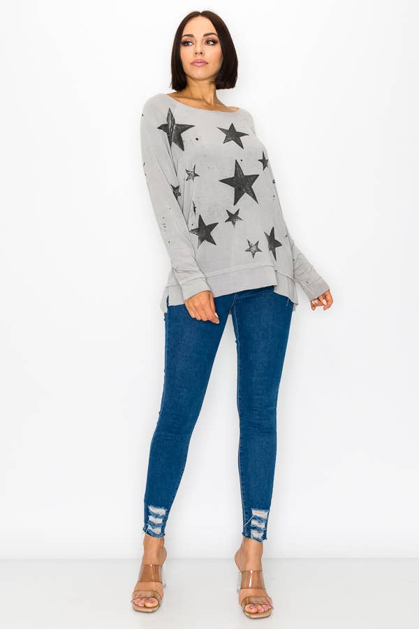 Star Print Round Neck Long Sleeve Sweatshirt