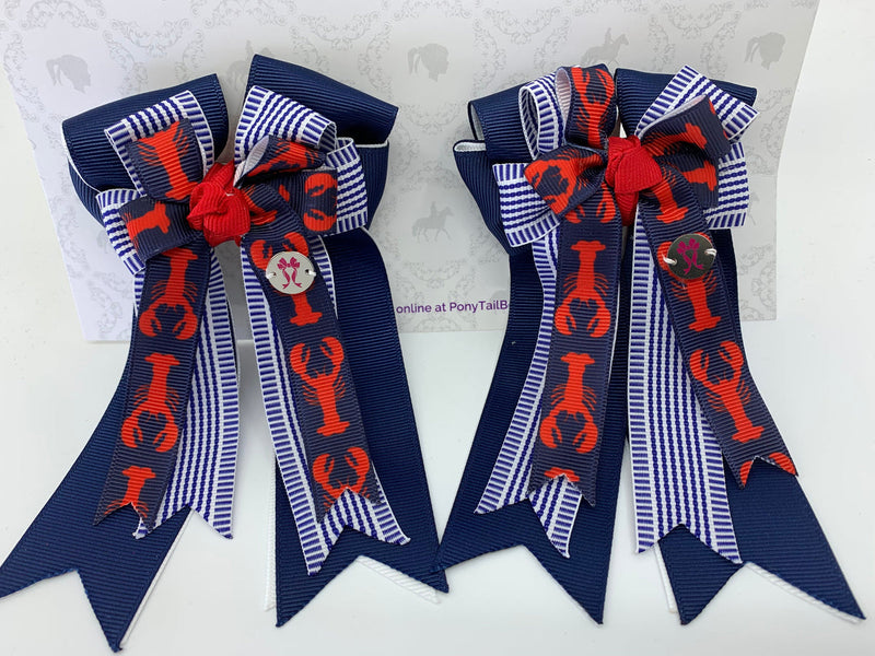Navy Stripe Lobster Bows - PonyTail Bows