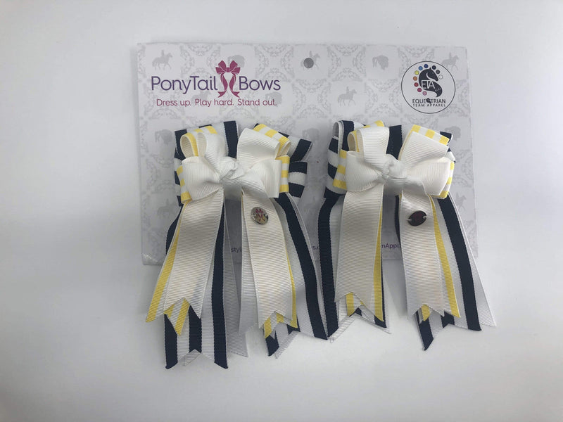 Navy Yellow Stripes Bows - PonyTail Bows