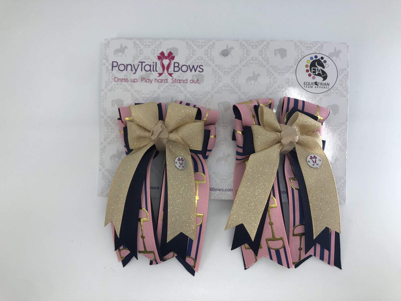 Pink Navy Gold Bits Bows - PonyTail Bows