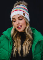 White & Rainbow Striped Pom Hat