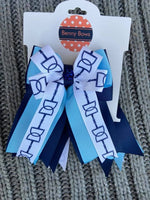 Benny Bows Show Bows - White with Navy Bits on Light Blue & Navy