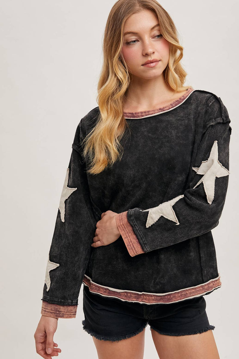 Star Sleeve Mineral Wash Pullover - Ladies