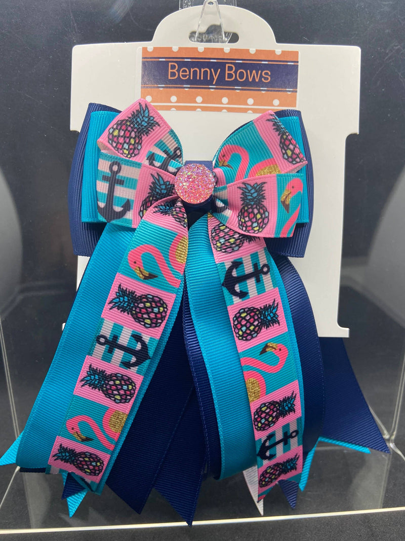 Benny Bows Show Bows - Summertime Flamingos on Teal and Navy