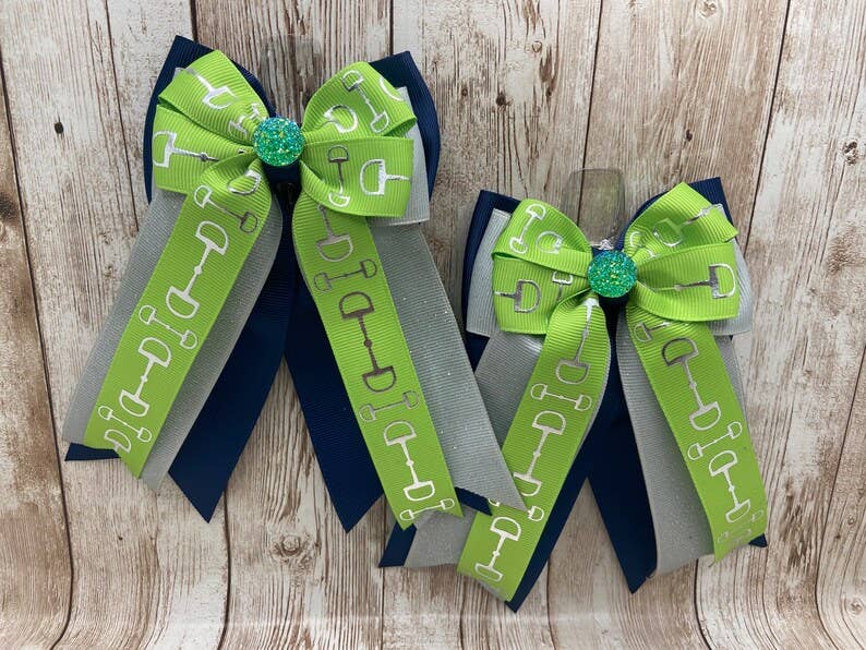 Benny Bows Show Bows - Lime Green Bits on Sparkly Silver and Navy