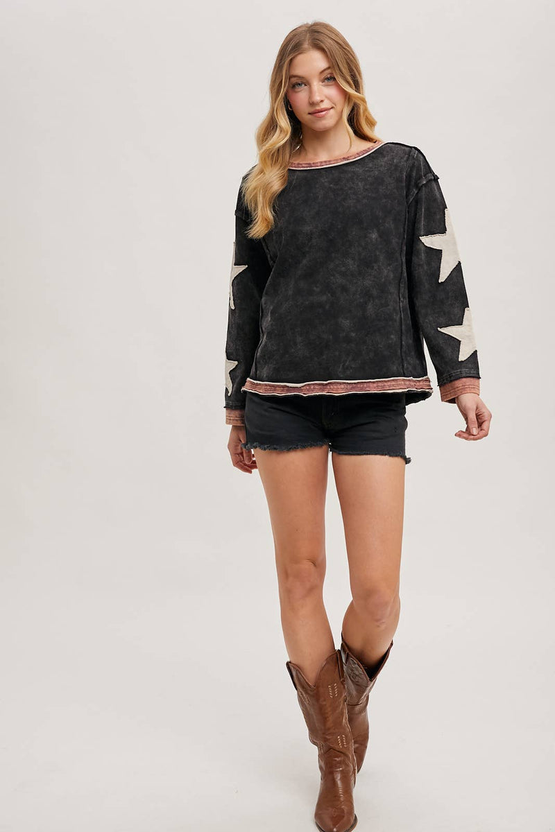 Star Sleeve Mineral Wash Pullover - Ladies