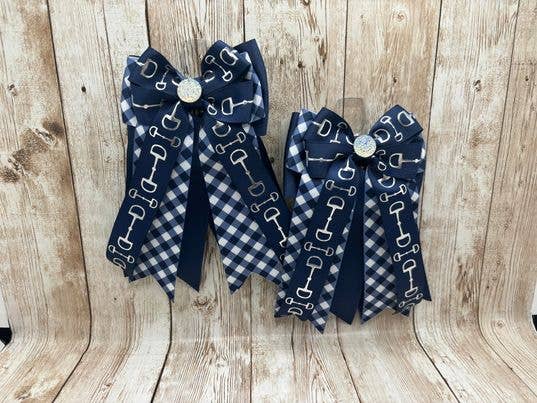 Benny Bows Show Bows - Gold Bits on Navy and White Plaid