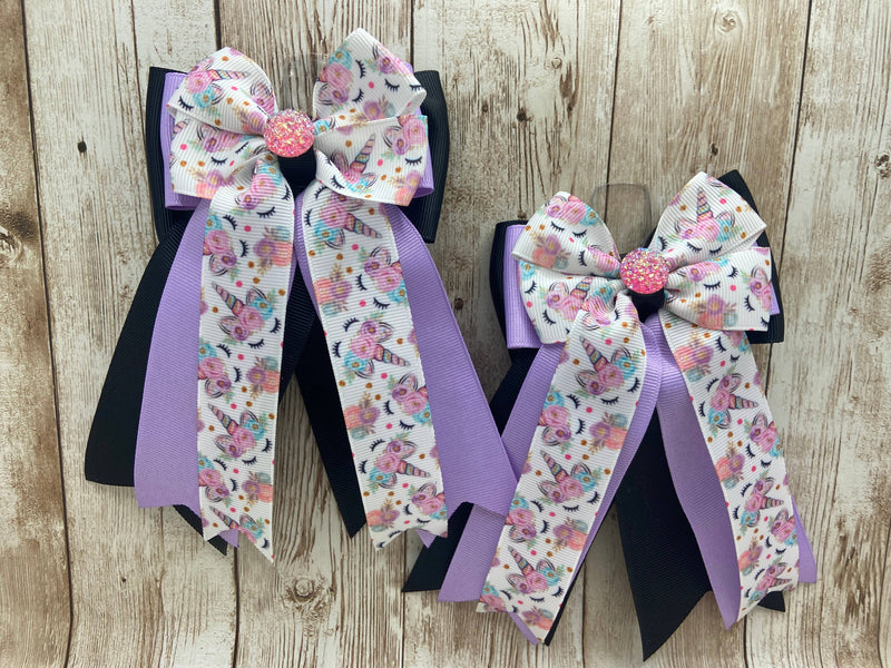 Benny Bows Show Bows - Pastel Unicorns on Lavender, Pink & Black