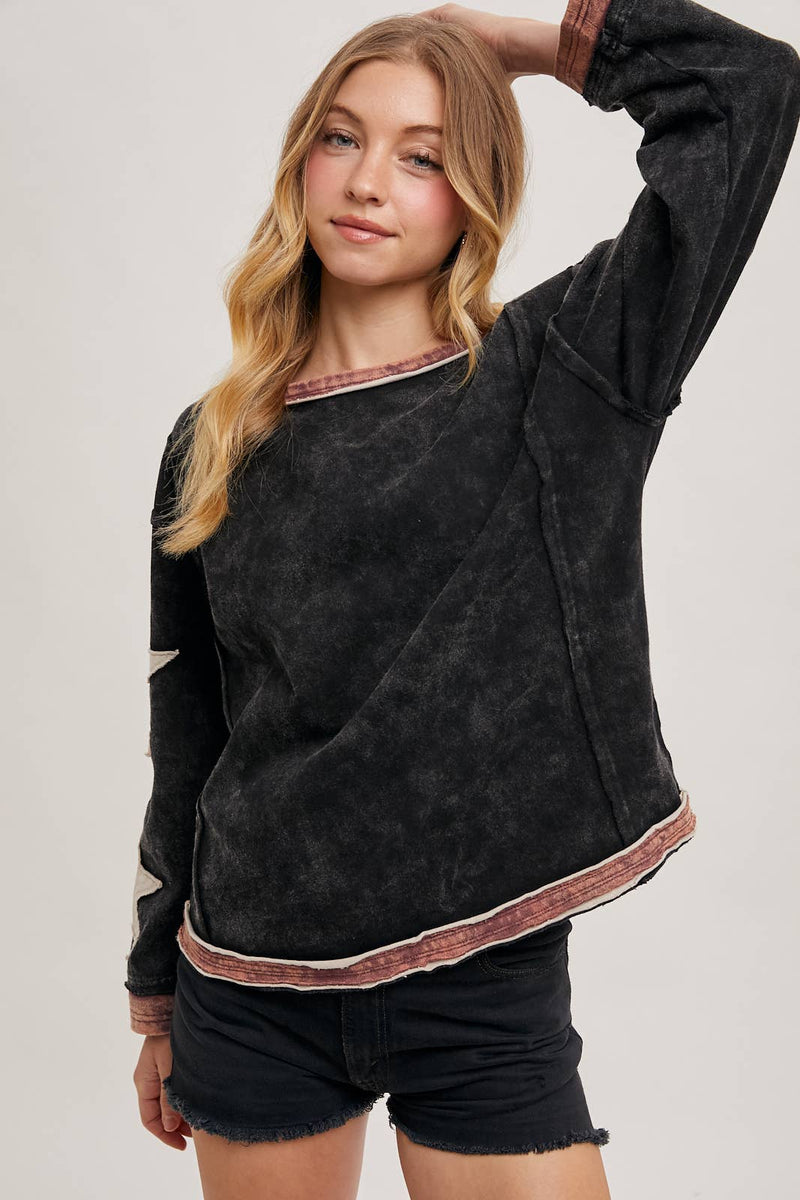 Star Sleeve Mineral Wash Pullover - Ladies