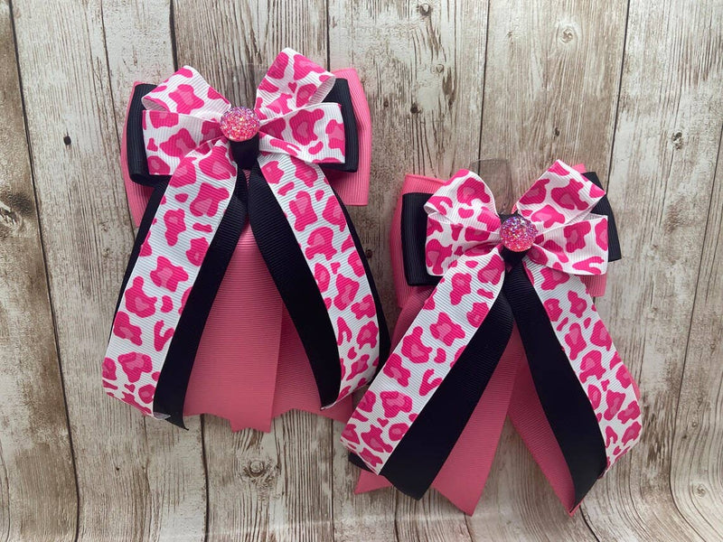Benny Bows Show Bows - Pink White Cheetah Leopard on Black
