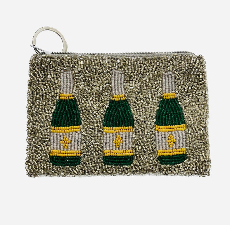 Champagne Bottles - Silver - Hand Beaded Coin Purse