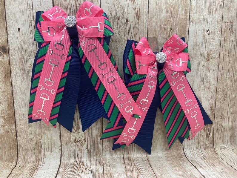 Benny Bows Show Bows - Hot Pink Bits on Preppy Green Stripe &Navy