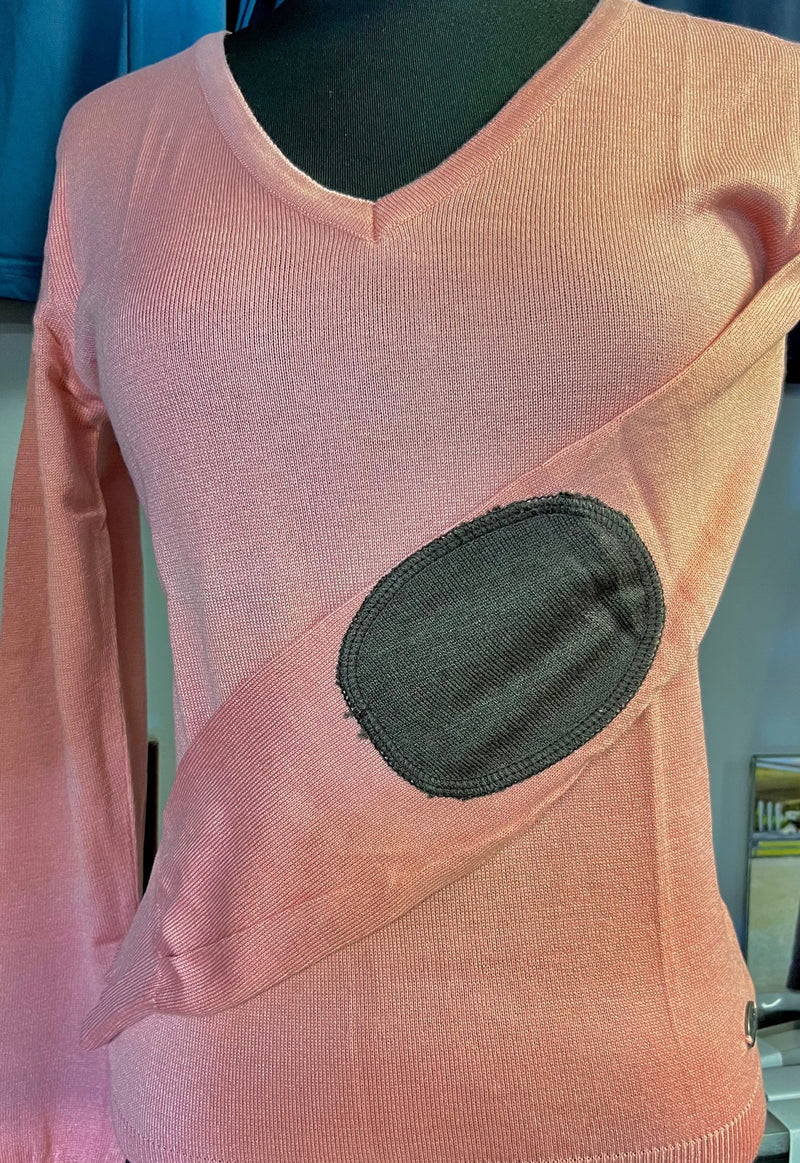Milan V-Neck Sweater Peach w/Dark Brown Elbow Patch