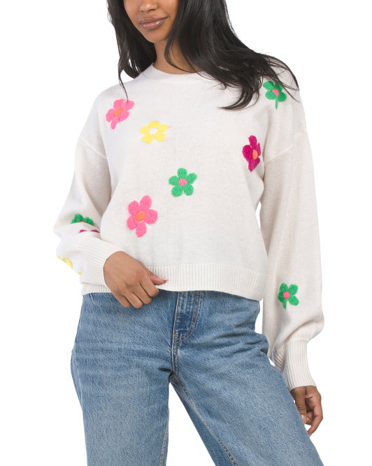 Polly Floral Cashmere Crew Neck Sweater - Brodie Cashmere