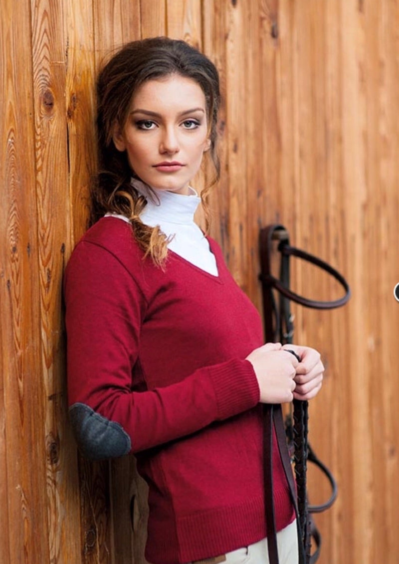 Milan V-Neck Sweater Ruby Red w/Dark Grey Patch